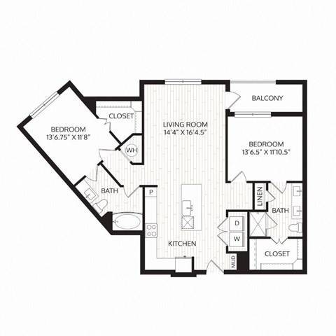 Floor plan for 2 beds, 2 baths, 1187 sqft